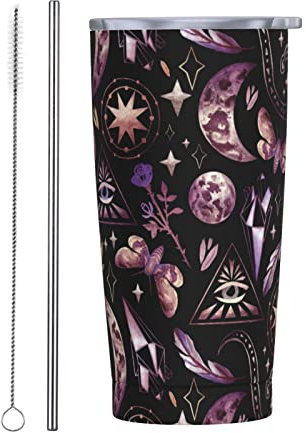 QQIAEJIA Isolierter Becher Tarot Mond Schmetterling Magic Goth 590 ml mit Deckel und Strohhalm Edelstahl Vakuumbecher Kaffee Wasser auslaufsicher Reisebecher für Zuhause Büro Schule