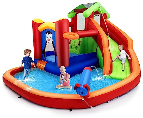 RELAX4LIFE Castello Gonfiabile per Bambini da 3 a 10 Anni, 370 x 300 x 190 cm, con Scivolo e Piscina, Rete di Sicurezza, Pistola ad Acqua e Struttura per Pallacanestro (Senza Soffiatore)