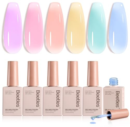 beetles Gel Polish Nail Set 6 Colours Pink Blue Purple Jelly Gel Nail Polish Candy Sweet Colours Collection Nail Art Design Transparent Soak Off Uv Diy Manicure Kit for Women Girls Spring Gift