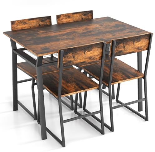 GiantexUK 5 PCS Dining Table Set, Industrial Table and Chairs Set with Storage Shelf and Reclining Seat Back, Breakfast Table Chairs Set for Kitchen Living Room Bistro (Rustic Brown)