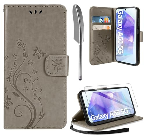 AROYI Lederhülle Kompatibel mit Samsung Galaxy A55 5G Hülle und Schutzfolie,Wallet Handyhülle Leder Tasche Kartensteckplätzen Schutzhülle Kompatibel mit Samsung Galaxy A55 5G Grau