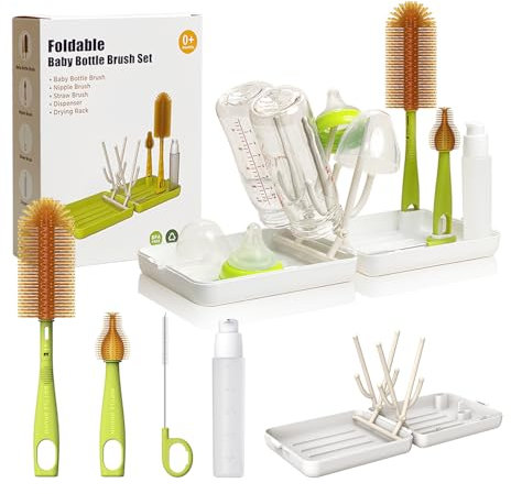 YOTIME Travel Bottle Brush Set, Travel Bottle Cleaner Kit with Foldable Bottle Drying Rack, for Visit Friends and Relations, Baby Travel Essentials, BPA Free - White