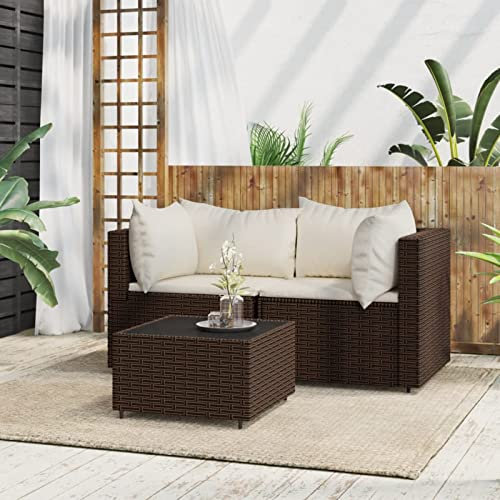 BAZZI Balkonlounge Rattan Lounge Möbel Balkon Ecksofa Klein Braun mit Kissen (2xEckteil + Tisch) 60 cm Breite, 66,5 cm Länge, 27,5 cm Höhe