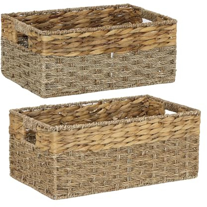 WEAVELYRICS Aufbewahrungskörbe aus Weidengeflecht mit Griffen, Wasserhyazinthe und Seegras, handgewebte Aufbewahrungskörbe für Regale, Küche, Bad oder Schlafzimmer (rechteckig, groß 43,2 cm und klein