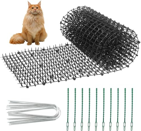 Tapis anti-chat avec piques pour chat - 200 x 28 cm - Tapis anti-griffe pour chat - Filet dissuasif avec 10 piquets en forme de U pour jardin, clôture
