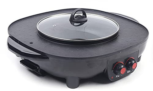 CLEADONG 2 In 1 Multifunktionale BBQ Hot Pot, 2100w Hot Pot Elektrisch Grill und BBQ Tischgrill mit Non Stick Rauchloser Temperatur Einstellbar, Professional Rund Hot Pot für Familie, Party Schwarz