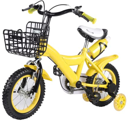 MIIWWOWO Bicycle Kids Bike for Kids Boys Girls Bike 12 Inch Children Bicycle Beginner Bike with Stabilisers & Basket, Bike Outdoor Children Bike Child Bicycle with Water Bottle Holder (Yellow)