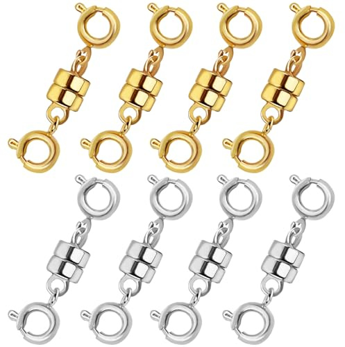8 Pack Magnetic Necklace Clasps and Closures, Extender Magnet Clasp, Gold & Sliver Jewelry Clasps Converters for Bracelet Necklaces Chain, Locking Magnetic Connectors for Jewelry Crafting