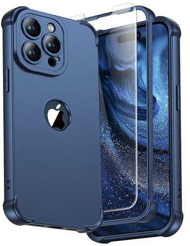 ORETECH Cover Compatibile con iPhone15 Pro,Custodia iPhone 15 Pro con[2 x Pellicola Protettiva Vetro Temperato] 360 Protezione Ultra Sottile Hard PC TPU Silicone Antiurto Cover-Blu