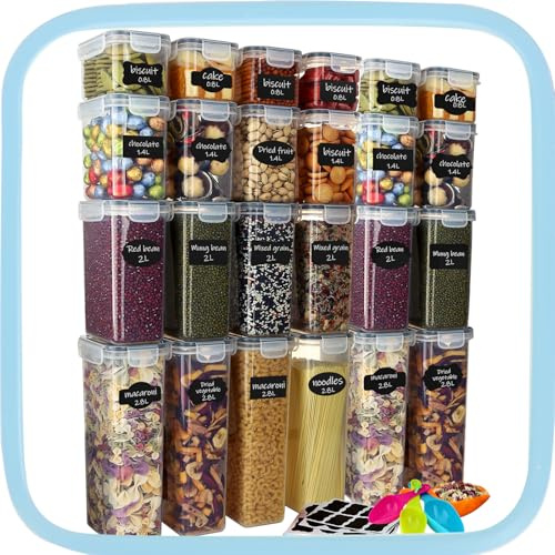 Ordeluxe Lot de 24 Boite Rangement Cuisine，42L avec couvercles hermétiques pour la cuisine, sans BPA, transparent，Idéales Pour Conserver Tous Types D'aliments, Y Compris Des Spaghettis De 25 cm