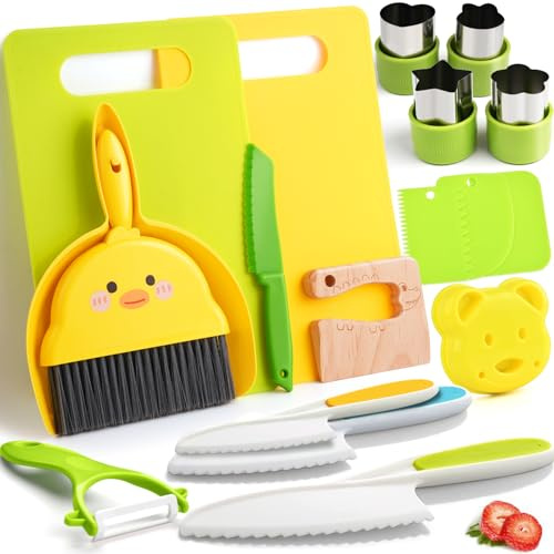 Kids Kitchen Tools,19 Pieces Kids Cooking Sets Real-Montessori Cooking Set for Toddlers Chef with Children Safe Knives Cutting Set