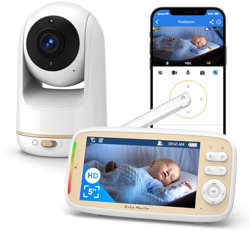 MYPIN Baby Monitor Camera con APP, Display IPS da 5 pollici con controllo PTZ Baby Monitor, conversazione bidirezionale, visualizzazione della temperatura, iOS/Android, attivazione vocale, controllo