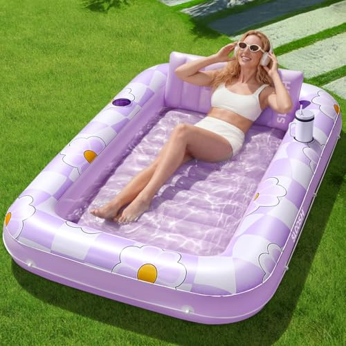 SLOOSH Inflatable Tanning Pool Lounger Float, 70 x 46 Large Pool Floats Adult with Pillow, 4 in 1 Suntan Tub Raft Floatie,Sunbathing Bed Lounge, L-Purple Chase Flower