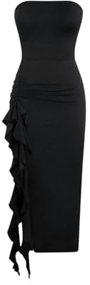 GORGLITTER Women's Ruffle Trim Strapless Tube Bodycon Dress Asymmetrical Cocktail Maxi Dresses Sexy Club Party Outfit Black XS