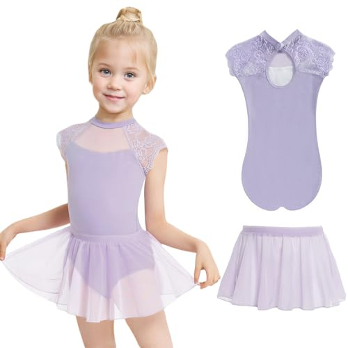 Gogokids Lot de 2 justaucorps de ballet pour fille - Manches courtes - Avec jupe en mousseline amovible - Pour enfants de 3 à 4 ans, Violet, 120