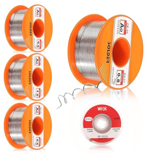 XIAQICA Lötzin 5 Stück 50g Lötzinn mit Kolophoniumkern Lötzinn Flussmittel 0,6/0,8/1 mm mit Entlötlitze（2mm/1.5m) Für Heimwerker Schweißarbeiten und Elektroreparaturen