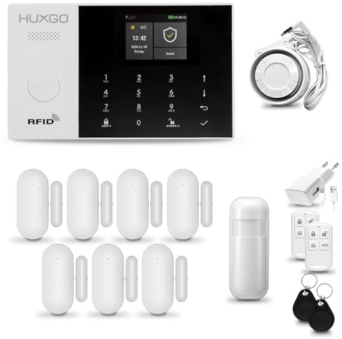 Alarmas para casa hogar WiFi + gsm 4G con Sirena | Kit de Alarma inalámbrico con 1 Sensor de Movimiento y 7 alarmas de Puerta/Ventana | Alarma Tuya Smart Life | HUXGO® HXA005