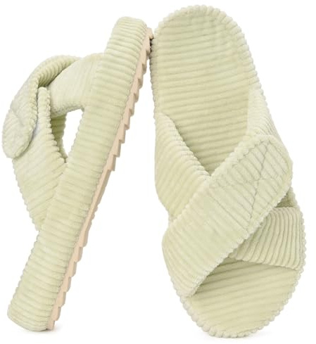 Eagsouni Women Slippers Comfortable Memory Foam Corduroy Cross Band Open Toe Slip on Bedroom Home House Slides Shoes,Light Green,6.5/7.5 UK