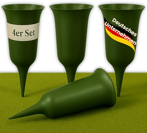 ELBKAISER – 4er Set Grabvase grün mit Erdspieß, Robuste Friedhofsvase für | Grabgestaltung, Grabvasen zum Stecken mit Sockel & Einsatz für frische Blumen, wetterbeständig, ideal für den Friedhof