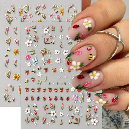 CharmeFleur Blumen Nagelkunst Sticker 5D Relief 3 Stück Blütenblatt Erdbeere Insekt Selbstklebend Nagel-Design Zubehör