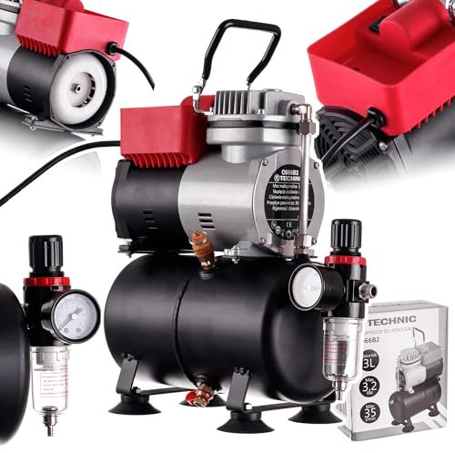 TC TECHNIC - Kompressor för airbrush - Kompressor för modelltillverkning - Luftflöde 30-35 L/min - med 3L tank, tryckreducerare med lås och filter, Auto-START/STOP, kylning och termiskt skydd