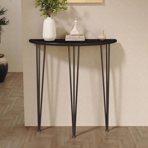 MAAOBR Halbmond-Konsolentisch aus Holz, Schmaler Eingangstisch mit Metallgestell, Halbrunder Beistelltisch für Wohnzimmer, Flur, Foyer und Eingangsbereich(Schwarz,60x25x80CM)