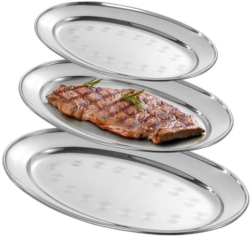 Juego de 3 platos ovalados de acero inoxidable pulido con espejo para cenas, fiestas, restaurantes, bandeja de camarero