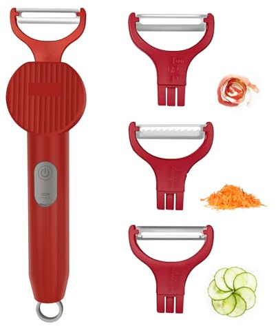3-in-1 Electric Peeler | Auto Blade for Fruits/Vegetables | 3 Interchangeable Blades | USB Charging,Battery Capacity 1500 mAh | Kitchen, Travel, Camping (PL909-RED-UK)