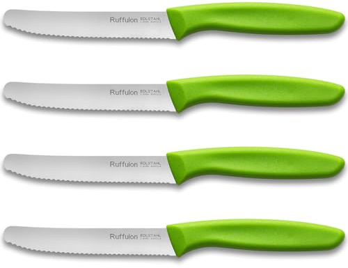 Ruffulon Schneidemesser 4er Set,Frühstücksmesser Wellenschliff,Klein Messer | Grün,11cm Edelstahl,Kunststoffgriff Tomatenmesser,Frühstücksmesser Spülmaschinenfest,für Esszimmer,Küche,Geschenke