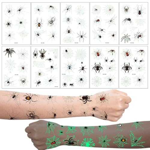 Xanthelle Halloween Tattoos, 10 leuchtende Spinnen und Netz Aufkleber für Gesicht, Tattoo für Kinder Kostüm Spinne und Halloween Party