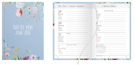 Idena 12042 - Taschenkalender DIN A7 2026 Mein Jahr, 1 Woche auf 2 Seiten, Terminplaner mit Hardcover-Einband, Blütenmotiv und Leseband