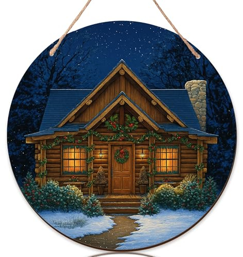 Log Cabin Welcome Sign for Front Door, Winter Rustic Wreath Snow Christmas Brown Wood Door Decorations Hanging Sign Front Decorations Outdoor Porch Set of 1