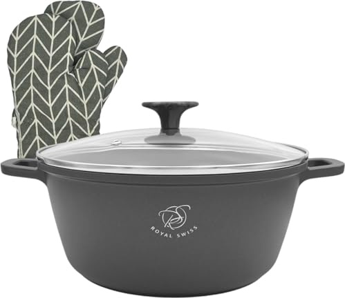 Royal Swiss Faitout Ø 28 cm - 6 litres en fonte d'aluminium avec revêtement antiadhésif en marbre - Passe à l'induction et au four - Couvercle en verre - Noir