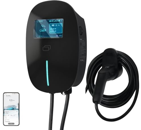 ZealWe 7.4kW EV Charger, 6-32A Electric Car Charger with 7M Type 2 Cable & 4.3 LCD, WiFi/Bluetooth/RFID & APP Control, Single Phase, IP65 Waterproof for EVs & PHEVs