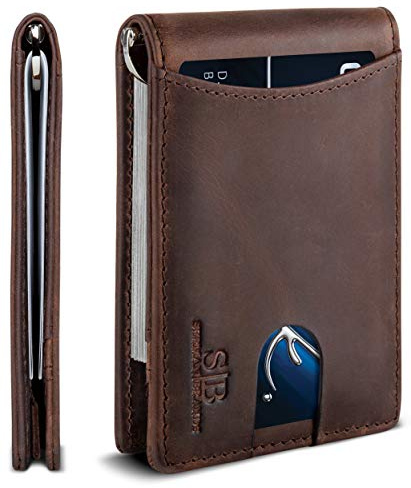 SERMAN BRANDS RFID Blocking Slim Bifold Genuine Leather Minimalist Front Pocket Wallets for Men with Money Clip Thin Gift (Texas Brown 1.S)