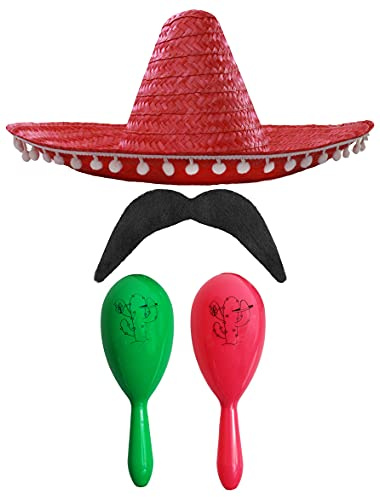 Mexikansk fin klänning tillbehörsset med musikansk sofberro med maracas och röda prickar POM SOMBRERO + grön och rosa maracas