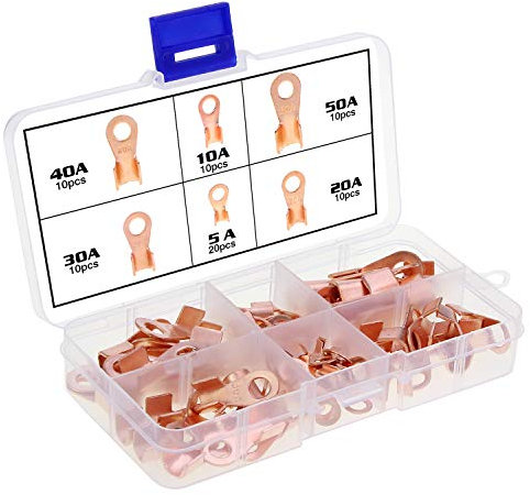 Aussel Open Barrel Kupfer Ring Lug Terminals, OT Wire Crimp Connectors, Wire Crimp Connector Sortiment Kit 6 Größen OT 5A-50A, 70 Stück