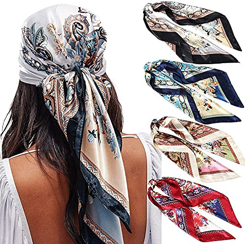 WELROG 90x90cm Große quadratische Fleckschals für Damen 4 PCs Frauen Seidig wie Kopftuch Bandanas Haarschal Halstuc Schlafringe (Set #8)