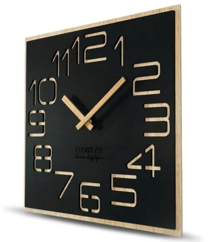 FLEXISTYLE Digits Eco Grande Horloge Murale en Bois, Aspect Bois, carrée, silencieuse, pour Salon, Chambre à Coucher, fabriquée en UE (Noir, 40 cm)