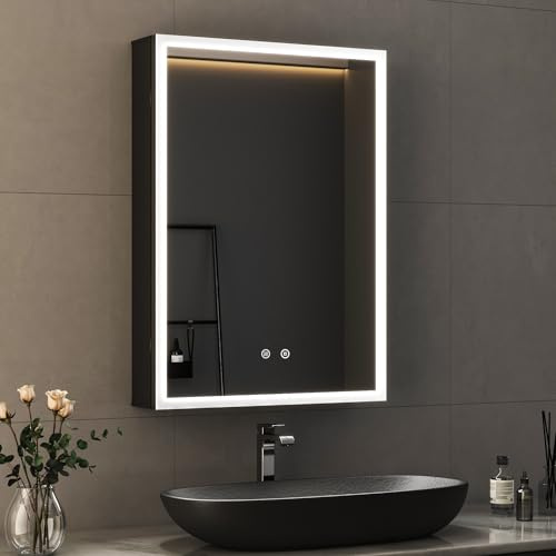 Boromal Spiegelschrank Bad mit Beleuchtung Schwarz Spiegelschrank mit Beleuchtung Metall LED Badezimmerschrank mit Dimmbar + Beschlagfrei + Stecker + Verstellbare Glasablage (50 x 70 x 13,5 cm)