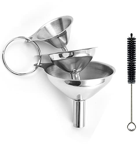 Maotrade 3 Piezas Embudos para Cocina Acero Inoxidable Funnel Filter Práctico Embudo Flexible con Cepillos + Mango para La Transferencia de Muestras y Aceite Esenciales, Líquido y Polvo 5,7/7/9 cm