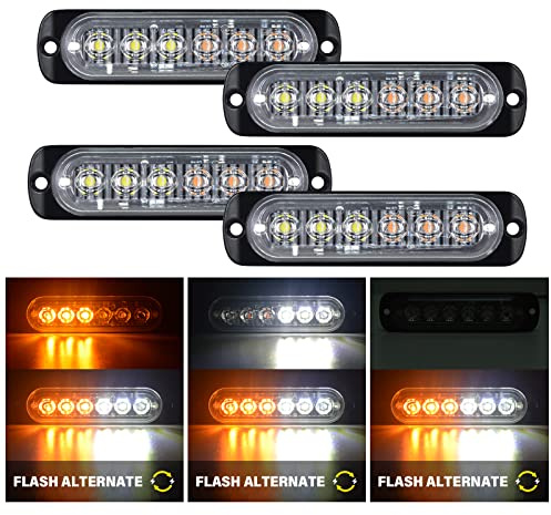 RIGIDON 4x 11cm 6 LED blanc ambre feu de freinage stroboscopique, 12V 24V | Sans contrôleur, barre lumineuse led, balise clignotante de sécurité, pour offroad véhicule voiture bateau remorque caravane