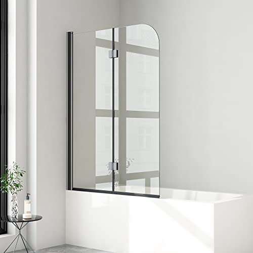Duschwand für Badewanne 120x140 cm 2 teilig faltbar 6mm NANO Sicherheitsglas (ESG) Faltwand Badewannenaufsatz Badewannenfaltwand Duschabtrennung für Badewanne, Schwarz