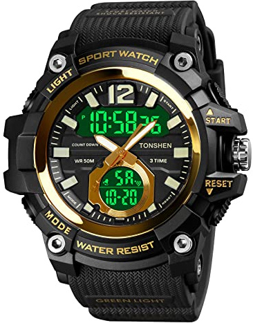 TONSHEN Hombre Deportivo Relojes Impermeable Grande Alarma Cronómetro Fecha Analógico Cuarzo LED Tres Tiempo Reloj de Pulsera Plastico Caja y Goma Correa