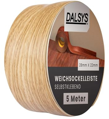 Dalsys Weichsockelleiste selbstklebend 5m Eiche | Flexible Sockelleisten aus PVC auf der Rolle, Abschlussleiste für Fugen in Küche & Bad. Praktische Sockelleiste Selbstklebend