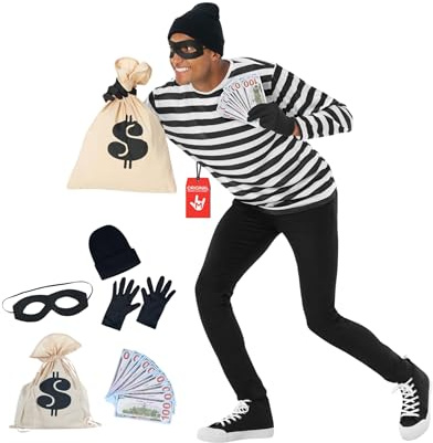 Morph Disfraz Ladron Hombre, Disfraz Atraco Halloween Hombre | Camisa a Rayas, Gorro, Antifaz, Guantes & Bolsa de Dinero, Perfecto para Halloween, Ideal para Disfrazarse
