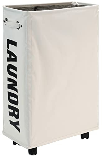 DOKEHOM 25-Inches Slim Wäschekorb auf Rollen, Zusammenklappbarer Rollender Wäschekorb, Faltbare schmale Eckaufbewahrung (Beige)