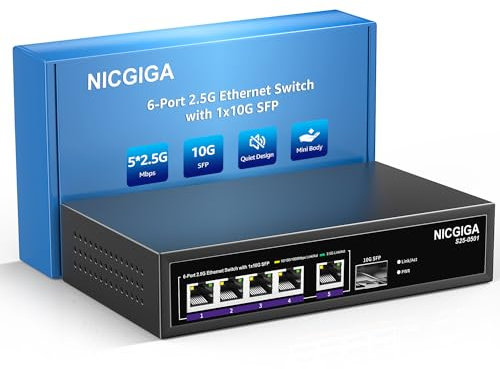 NICGIGA 5 Porte 2.5G Ethernet Switch con 10G SFP Uplink, Switch di Rete 2.5Gb Non gestito, Plug & Play, Montaggio a Parete/da scrivania, Design in Metallo Senza Ventola.