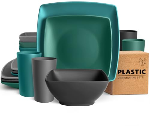 Teivio 16-Piece Kitchen Plastic Square Dinner Set, Service for 4, Dinner Plates, Dessert Plates, Bowls, Cups, Unbreakable Plastic Plates and Bowls Set, Outdoor Camping Dishes, Coastal Multicolor
