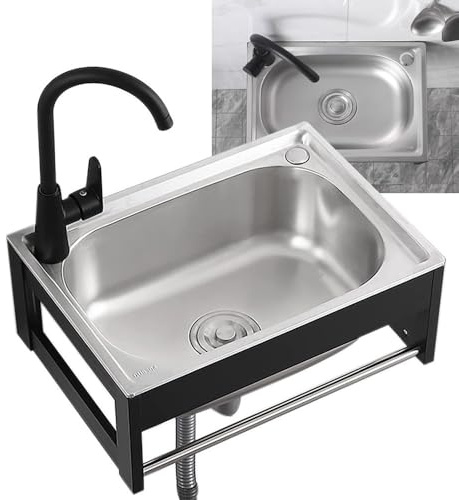 SKINCATE Waschbecken Ausgussbecken, Edelstahl Wandmontage Spültisch, Mit Wasserhahn Und Handtuchhalter, Einschalen-Küchenspüle, Wandwaschbecken, Für Waschküche Garten (Size : 53x38cm/21x15in)